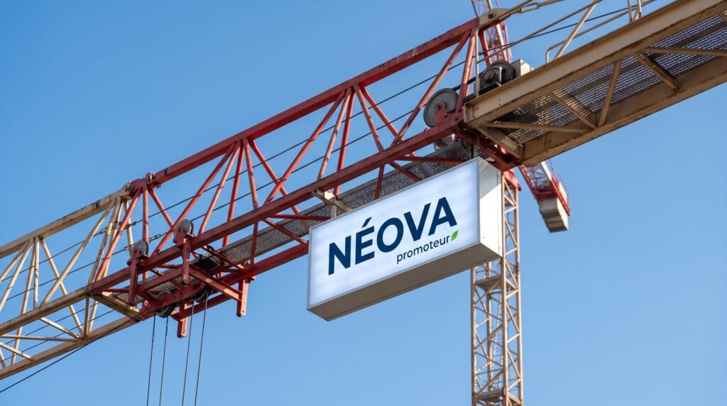Flèche de grue habillée d'une bannière publicitaire de chantier