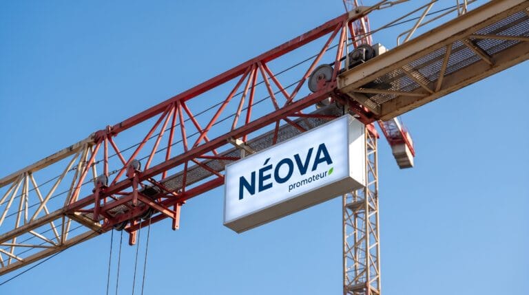 Flèche de grue habillée d'une bannière publicitaire de chantier